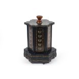 antique cigars' cellaret with musical box in ebonised wood with inlay of mother of pearl || Antiek