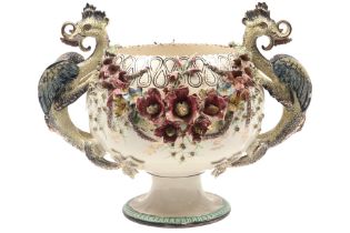 quite big antique "Barbotine" bowl in ceramic with a decor of flowers and with dragon-shaped