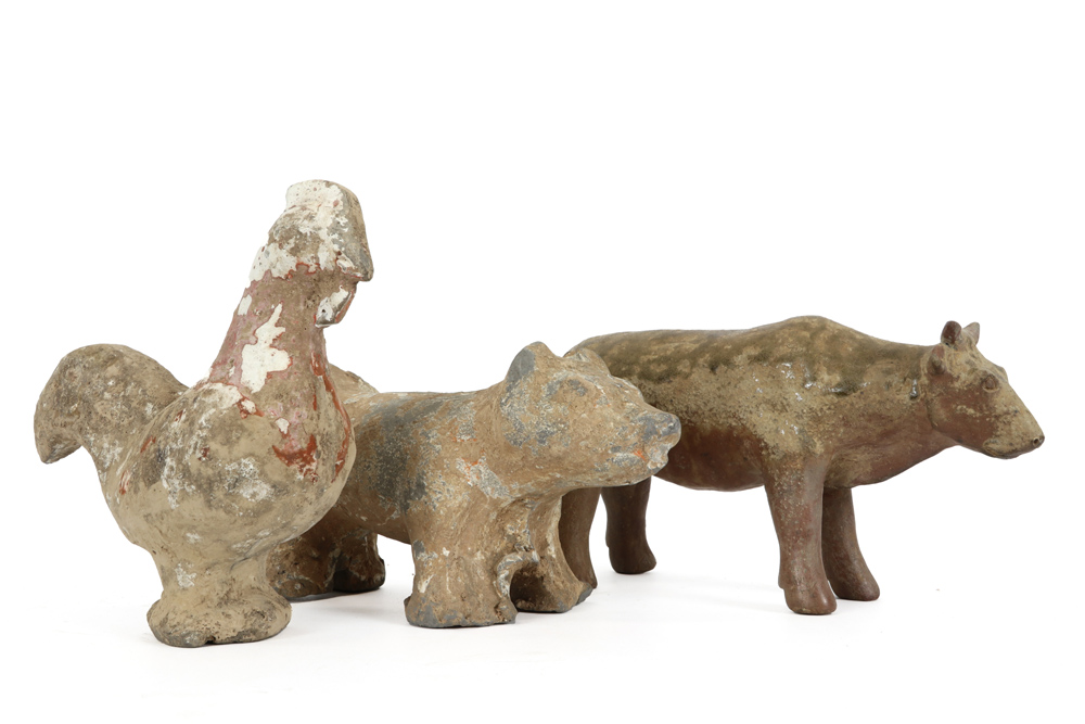 three Chinese Han period tomb figures in the shape of horoscope animals (cock, god and ox) in - Image 5 of 5