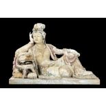 antique Chinese Qing period "Reclining Quan Yin" sculpture in wood with remains of the original