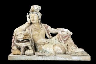 antique Chinese Qing period "Reclining Quan Yin" sculpture in wood with remains of the original