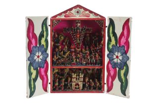 Peruvian folk Art from Cuzco : a small house altarpiece in sculpted and polychromed wood ||