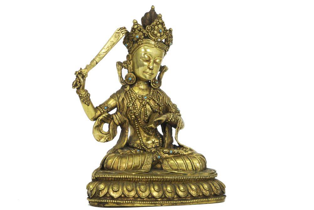antique Bhutanese sculpture (with typical Bhutanese large head) in guilded bronze inlaid with - Image 4 of 5