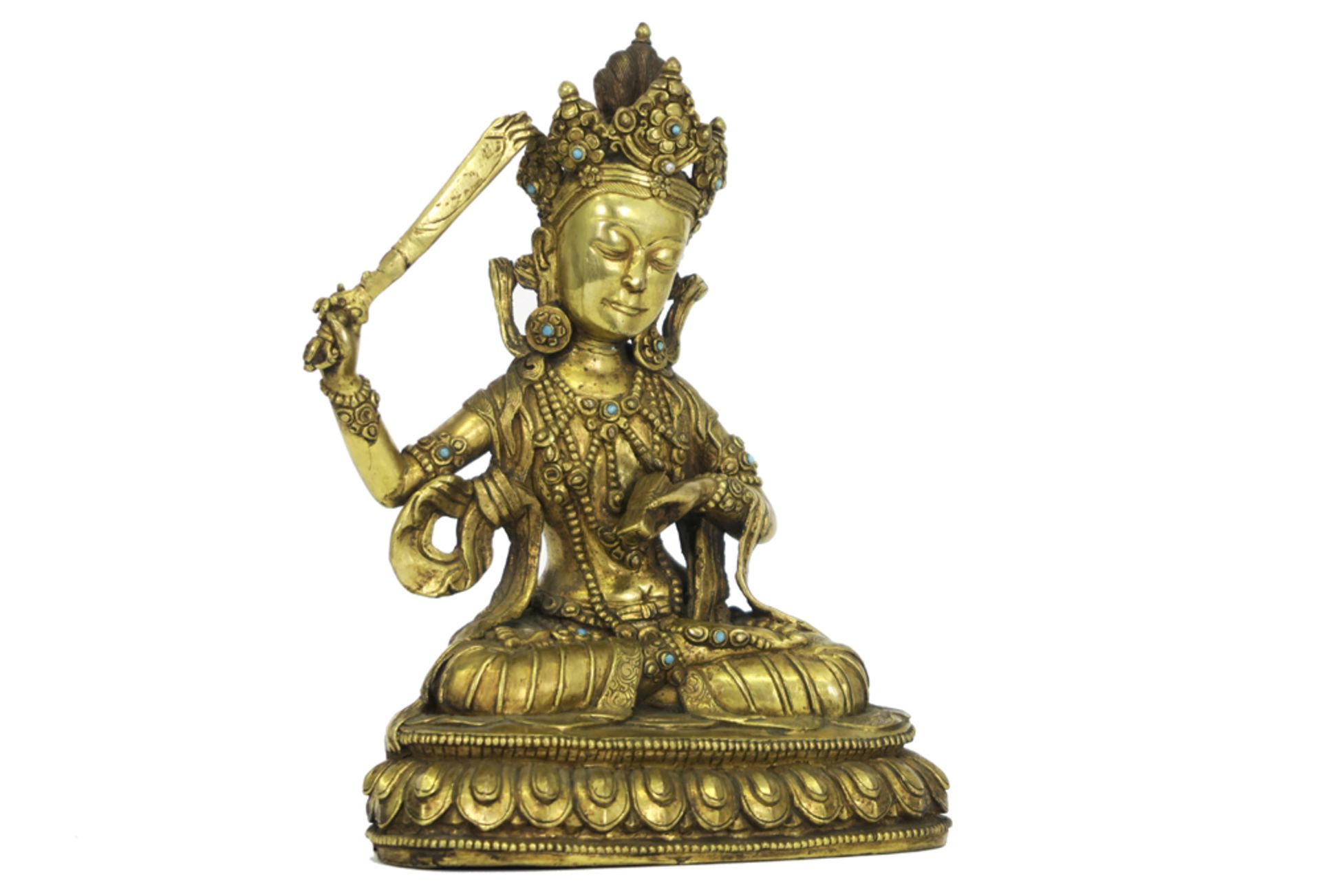 antique Bhutanese sculpture (with typical Bhutanese large head) in guilded bronze inlaid with - Bild 4 aus 5
