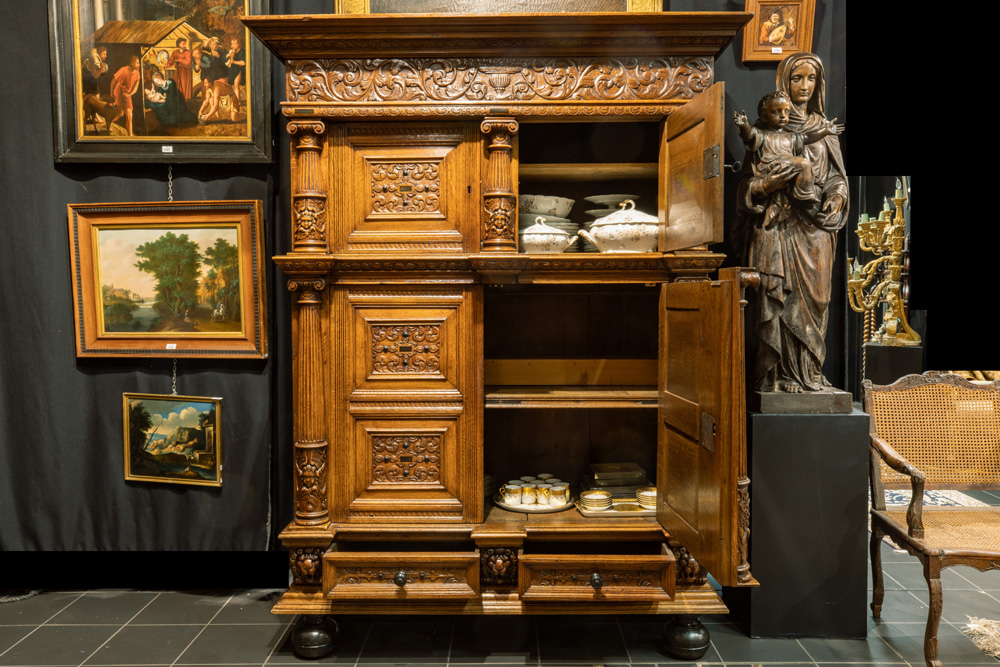 18th Cent. Dutch Renaissance style cupboard in oak and ebony with two drawers, four doors and six - Image 2 of 4
