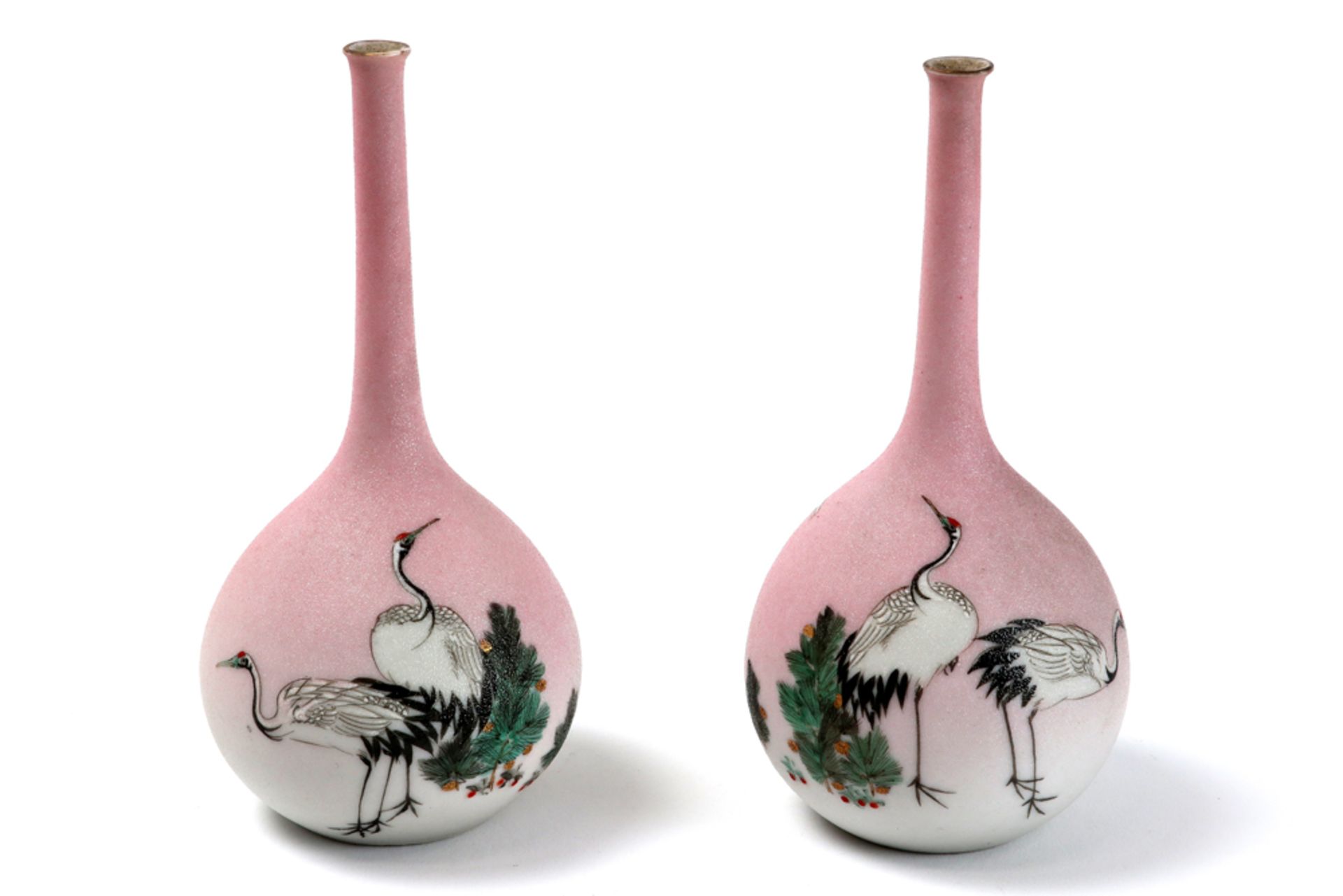 pair of small antique Japanese vases in marked porcelain with a polychrome decor with birds ||