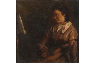 19th/20th Cent. oil on canvas || Olieverfschilderij op doek : "Meisje dat een gitaar bespeelt" -