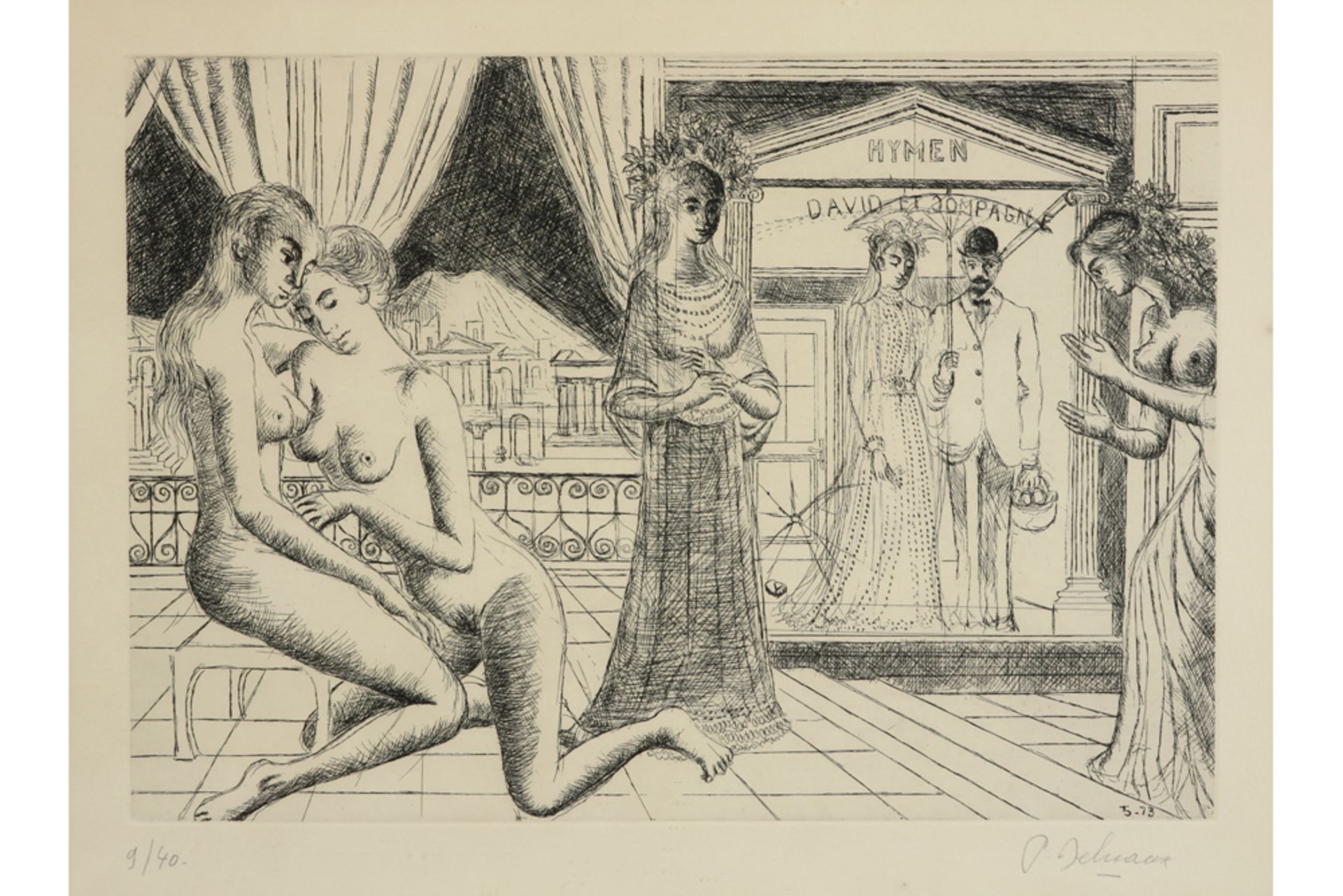 Paul Delvaux signed etching from "Construction d'un temple en ruine à la déesee Vanadé" (1971 -