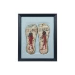 rare pair of Ancient Egyptian Ptolemaic period painted cartonnage soles of a mummy with figures ||