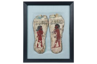 rare pair of Ancient Egyptian Ptolemaic period painted cartonnage soles of a mummy with figures ||