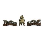 various lot with three Chinese items amongst which a pair of wooden pencil holders in the shape of a