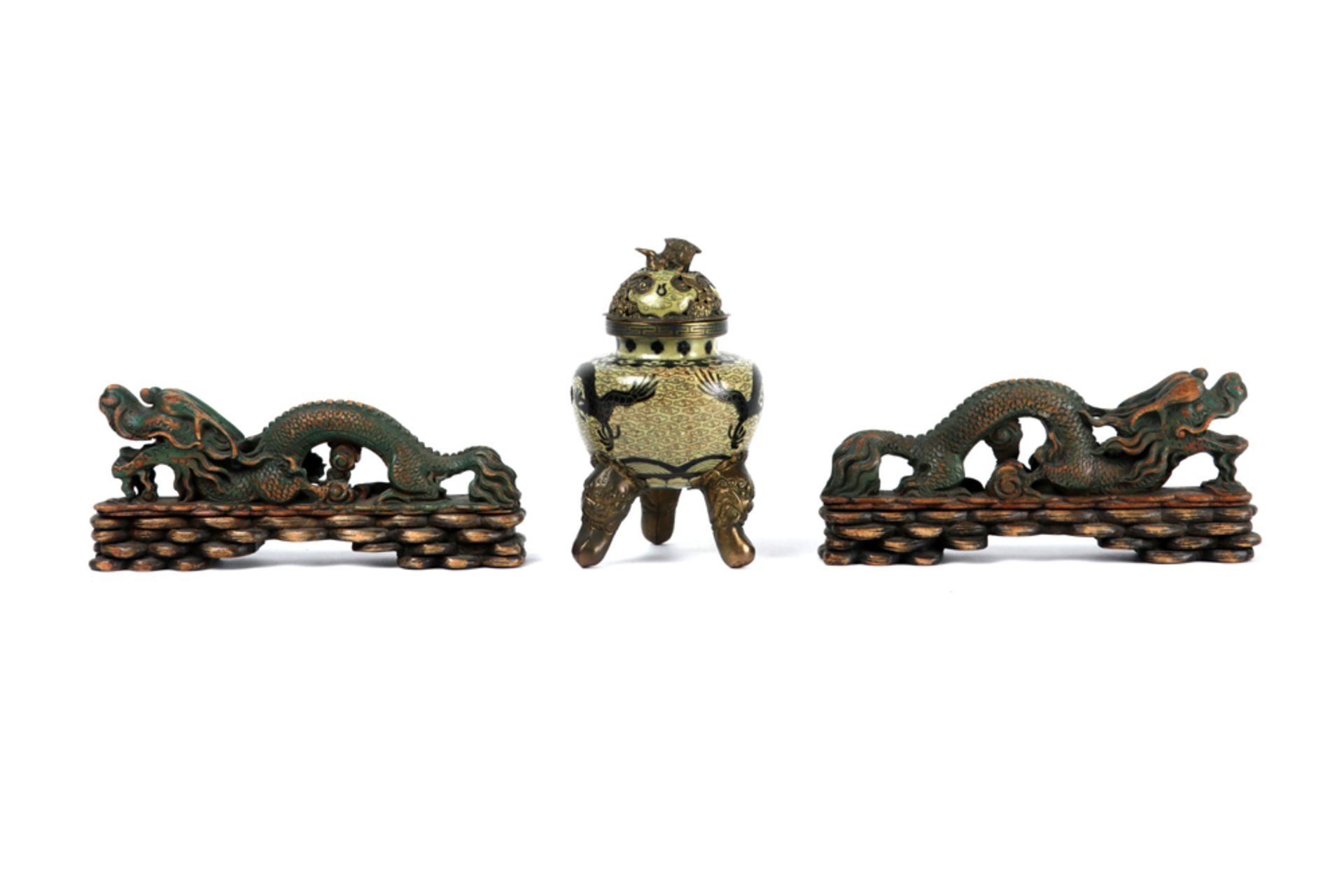 various lot with three Chinese items amongst which a pair of wooden pencil holders in the shape of a