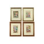 four framed antique Moghul miniatures with courtly scenes || Lot van vier antieke Moghul-