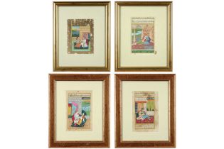 four framed antique Moghul miniatures with courtly scenes || Lot van vier antieke Moghul-