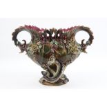 quite big antique "Barbotine" bowl in ceramic with a decor of flowers and dragon || Vrij grote