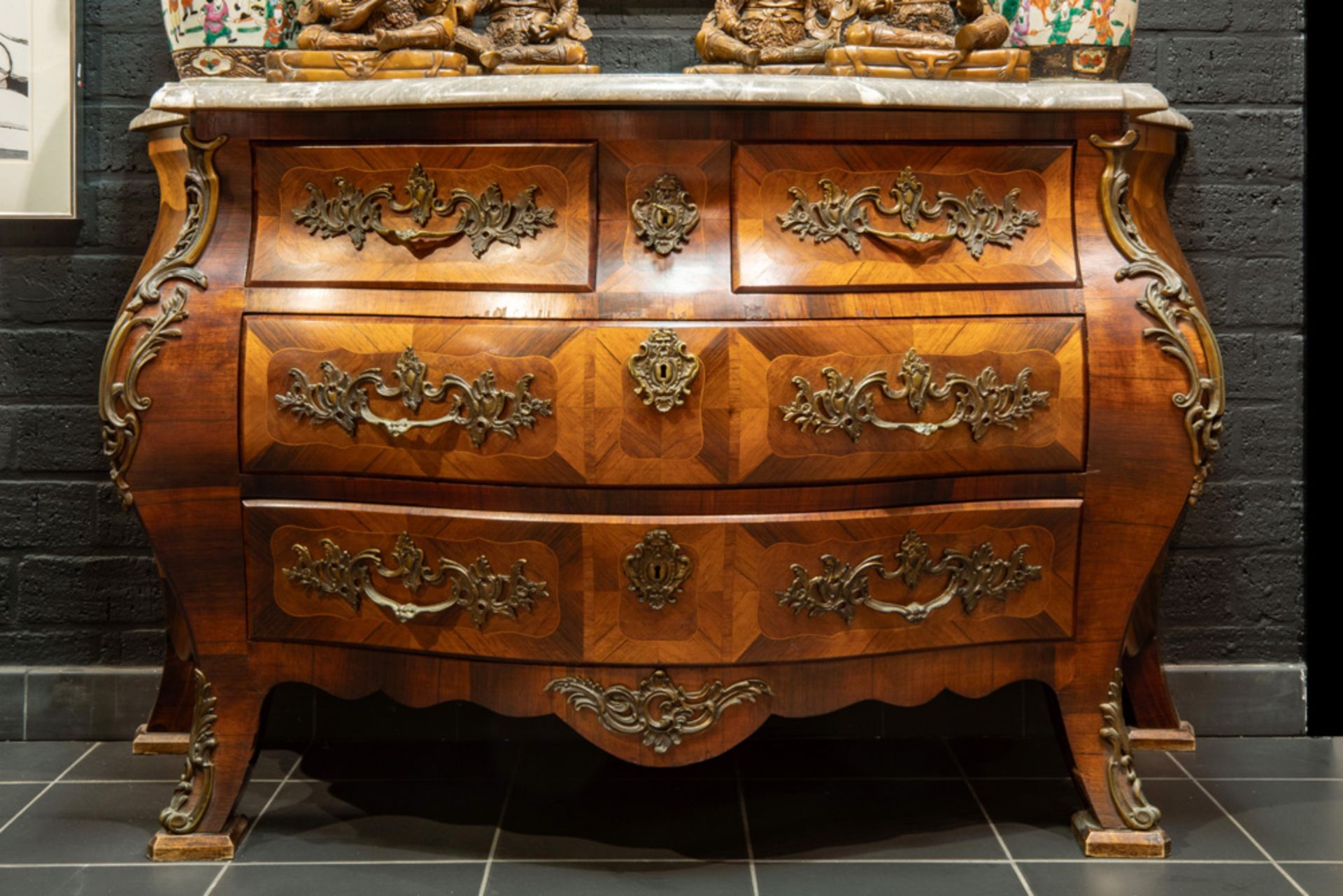 'antique' Louis XV style chest of drawers in marquetry with mountings in bronze, four drawers and