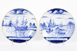pair of 18th Cent. plates in ceramic from Delft with a quite rare animated blue-white decor with