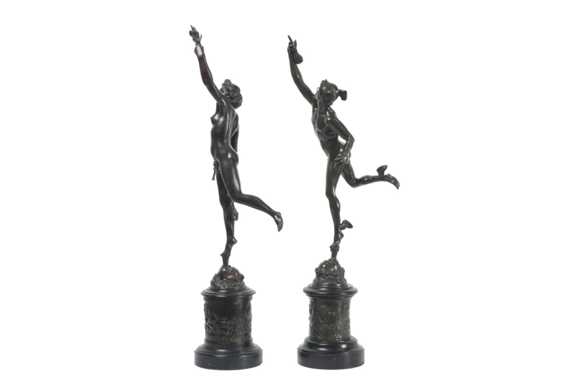 pair of 19th Cent. sculptures in bronze each on a marble base with bas reliefs - signed Jean de - Bild 2 aus 6