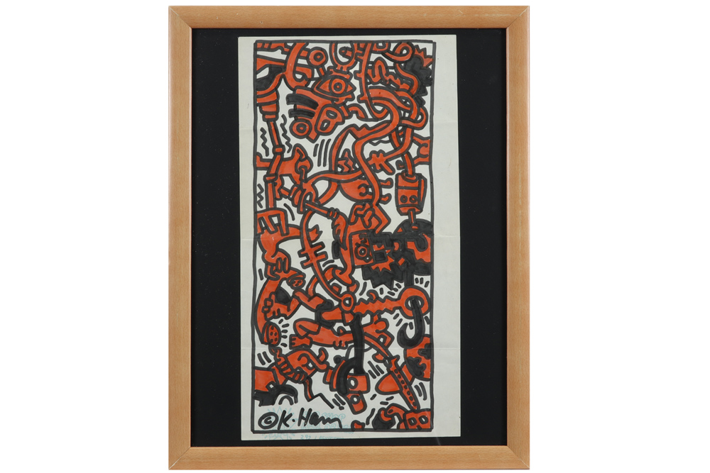 Keith Haring signed drawing in black and orange felt-tip pen with a typical figuration - with a - Image 3 of 3