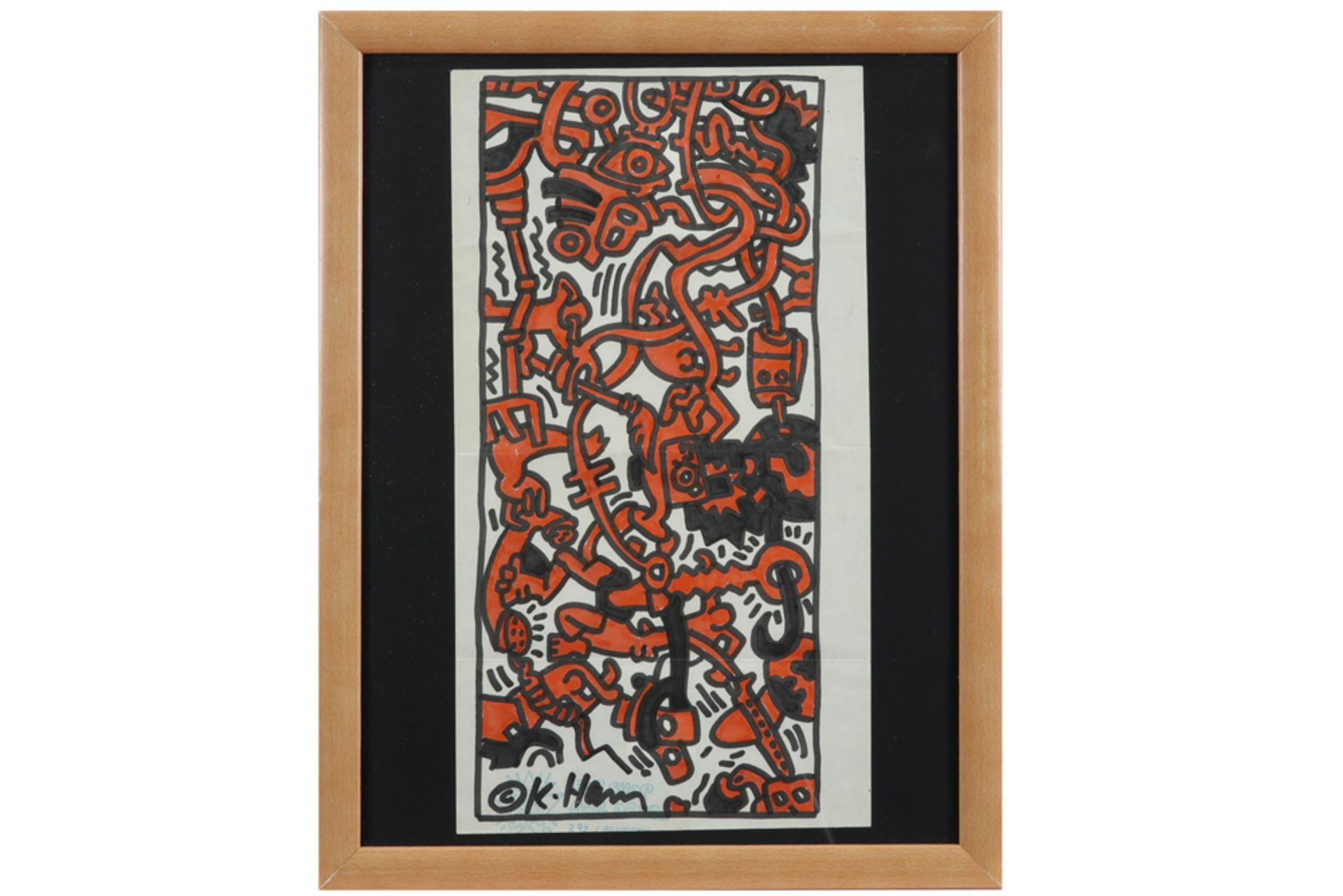 Keith Haring signed drawing in black and orange felt-tip pen with a typical figuration - with a - Bild 3 aus 3