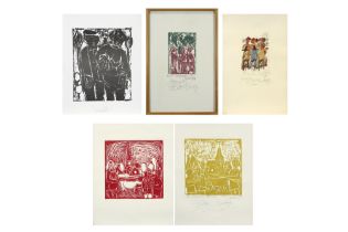 five works by Maurice Verbist : two mixed media, two prints and a woodcut - all signed || VERBIST