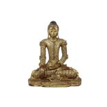 antique Burmese Mandalay period "Buddha" sculpture in gilded wood with inlay of glass || Antieke