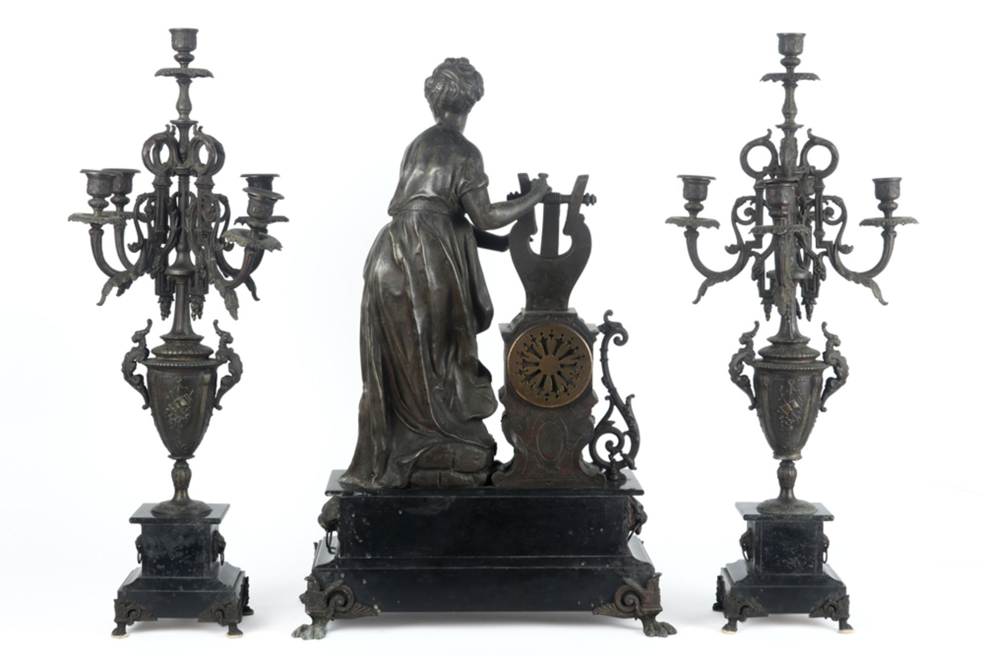 antique 3pc garniture in marble and metal with a pair of candelabra and a "Japy frêres" signed clock - Bild 2 aus 3