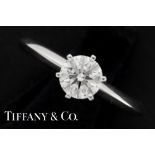 a Tiffany marked ring in platinum with a 0,76 carat high quality brilliant cut diamond with its box,