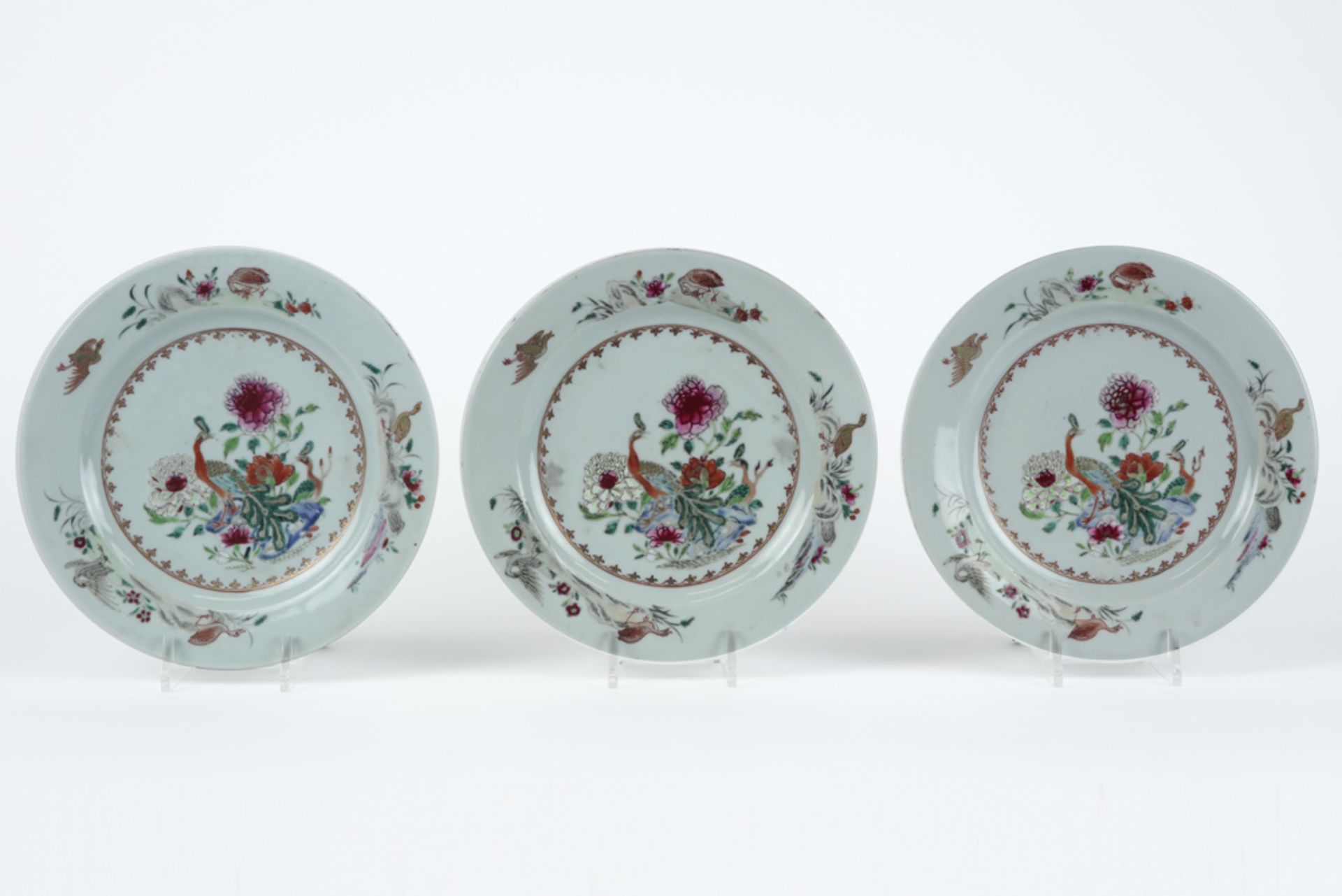 series of six 18th Cent. Chinese plate in porcelain with a 'Famille Rose' decor with flowers and - Image 2 of 5