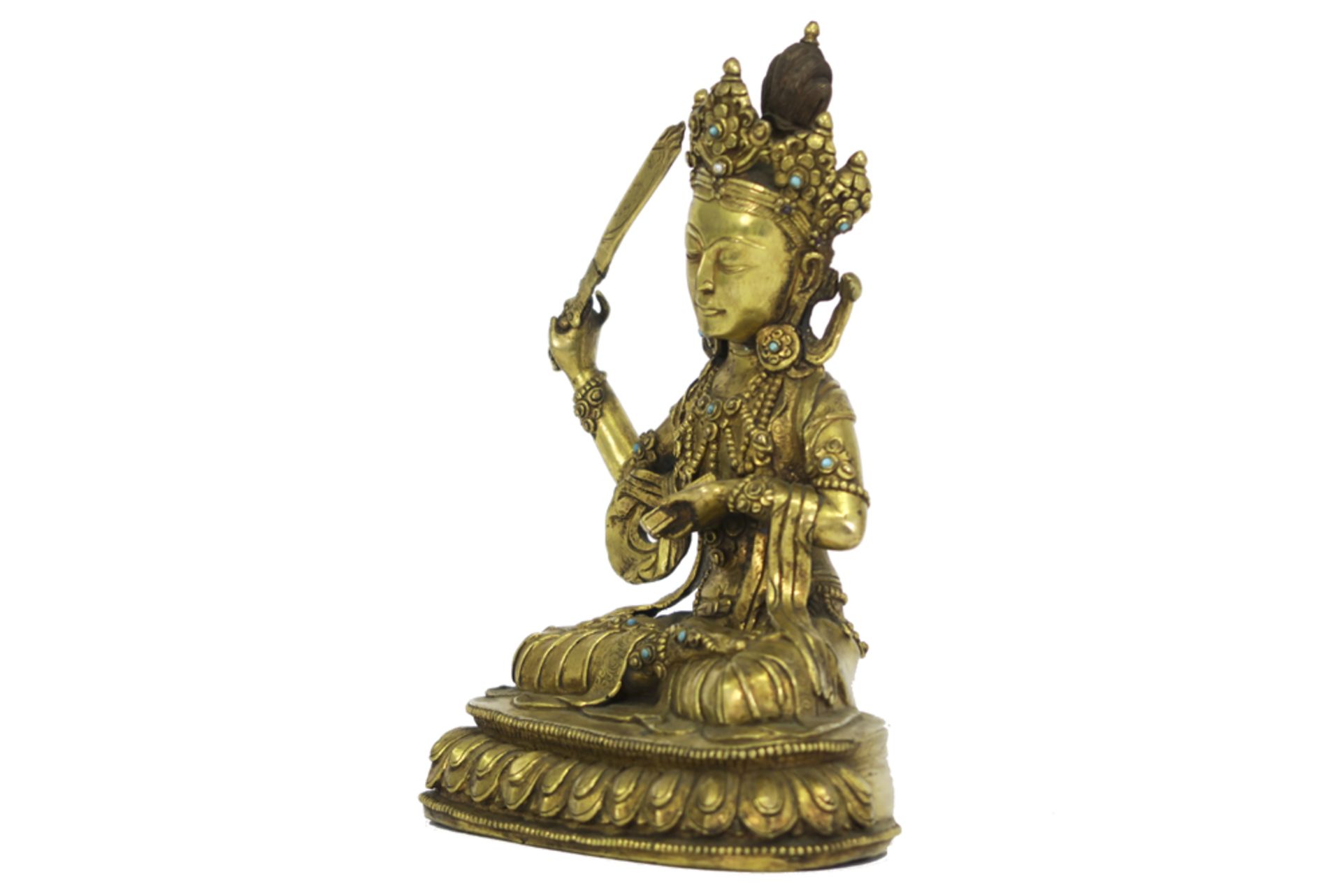 antique Bhutanese sculpture (with typical Bhutanese large head) in guilded bronze inlaid with - Bild 2 aus 5