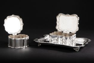 19th Cent. Dutch set of two lidded cookie boxes on their tray in marked silver || PIETER PIETERSE