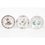 three 18th Cent. Chinese plates in porcelain, two with a 'Famille Rose' and one with a European