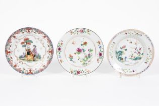 three 18th Cent. Chinese plates in porcelain, two with a 'Famille Rose' and one with a European