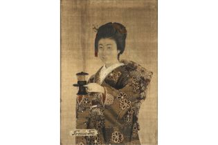framed old presumably Japanese textile publicity panel for "Formosa Tea" || Oud allicht Japans