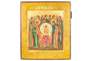 19th Cent. Russian icon || Negentiende eeuwse Russische icoon met heiligen rond Jezus - 35 x 30