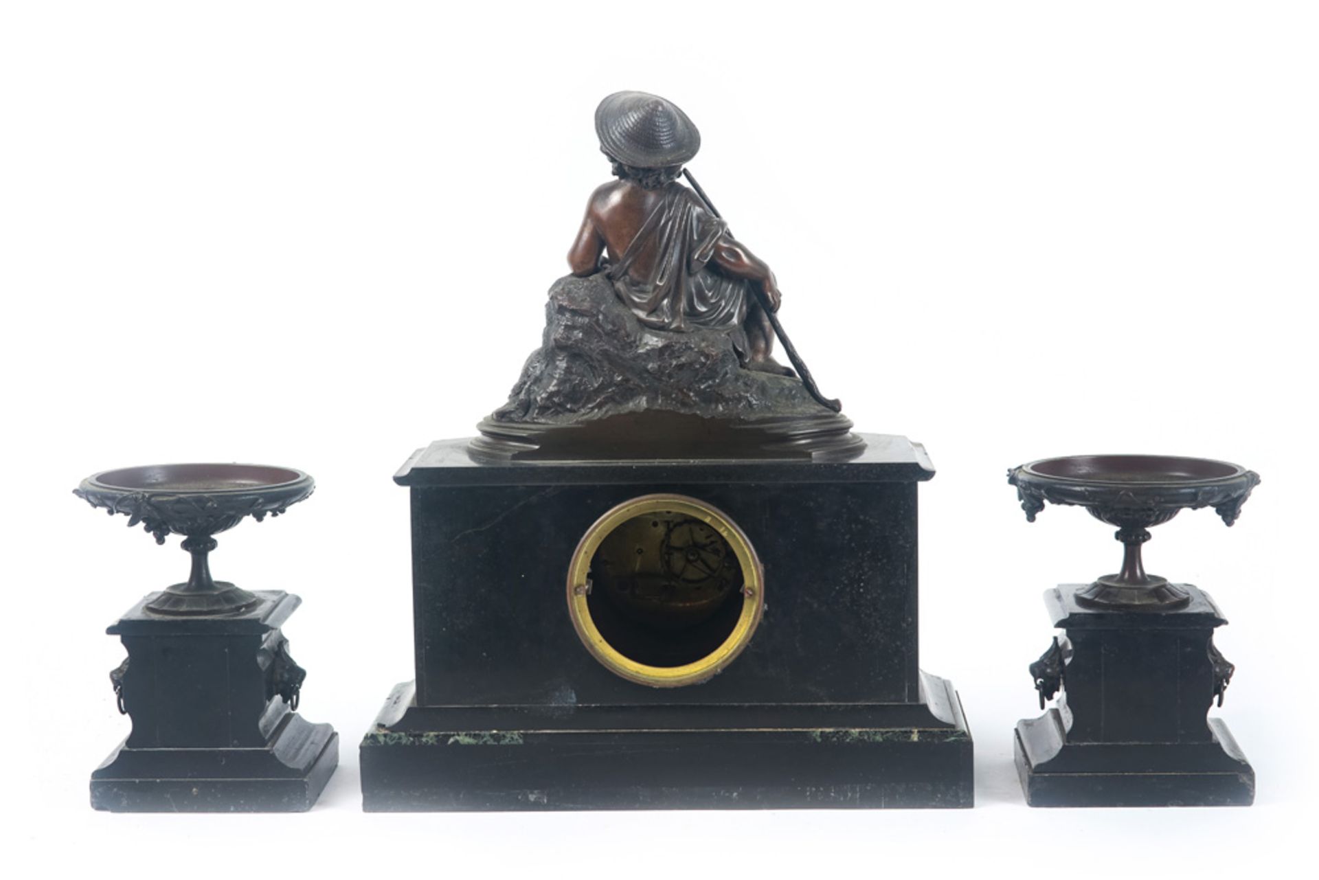 antique garniture with a clock with case in marble adored with a bronze sculpture and with a Japy - Bild 2 aus 3