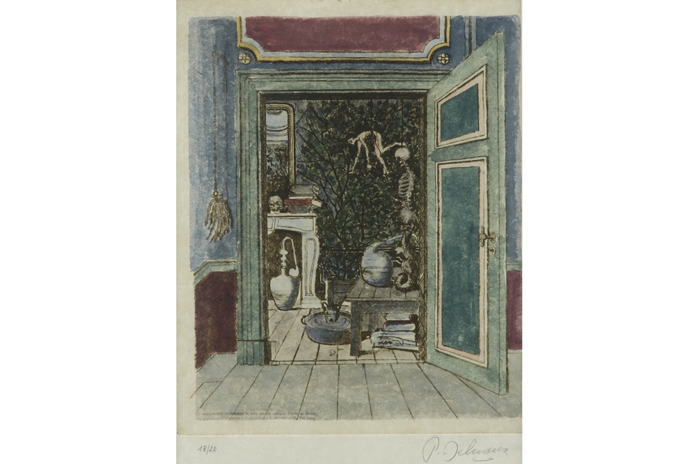 20th Cent. surrealistic Paul Delvaux mixed media (aquarelle) on etching on Japanese paper) from