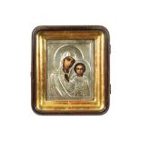 framed 19th Cent. Russian icon with rizza || Ingekaderde negentiende eeuwse Russische icoon met