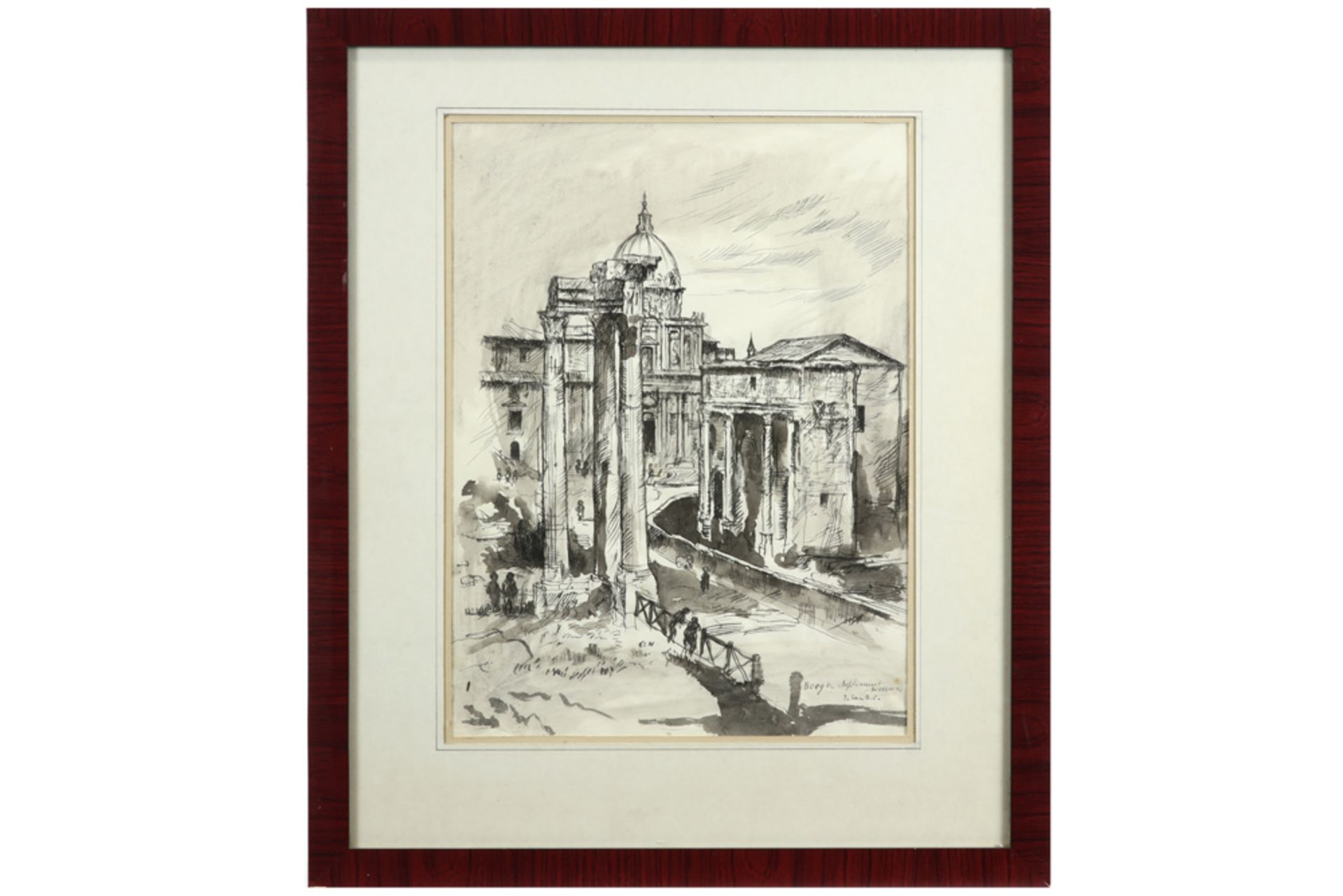 20th Cent. Belgian ink drawing with a view of Rome - signed Jules Van Ael || VAN AEL JULES (1912 - - Image 3 of 3