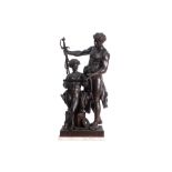 antique French metal sculpture with two figures- titled and signed Henri Dumaige || DUMAIGE HENRI (