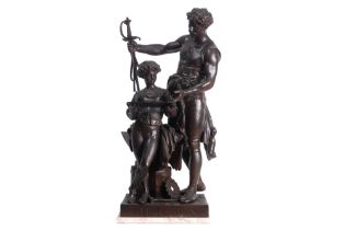 antique French metal sculpture with two figures- titled and signed Henri Dumaige || DUMAIGE HENRI (