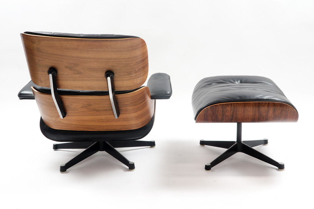 Charles Eames "Henry Miller" marked set of lounge chair and ottoman in plywood and black leather and - Image 3 of 4