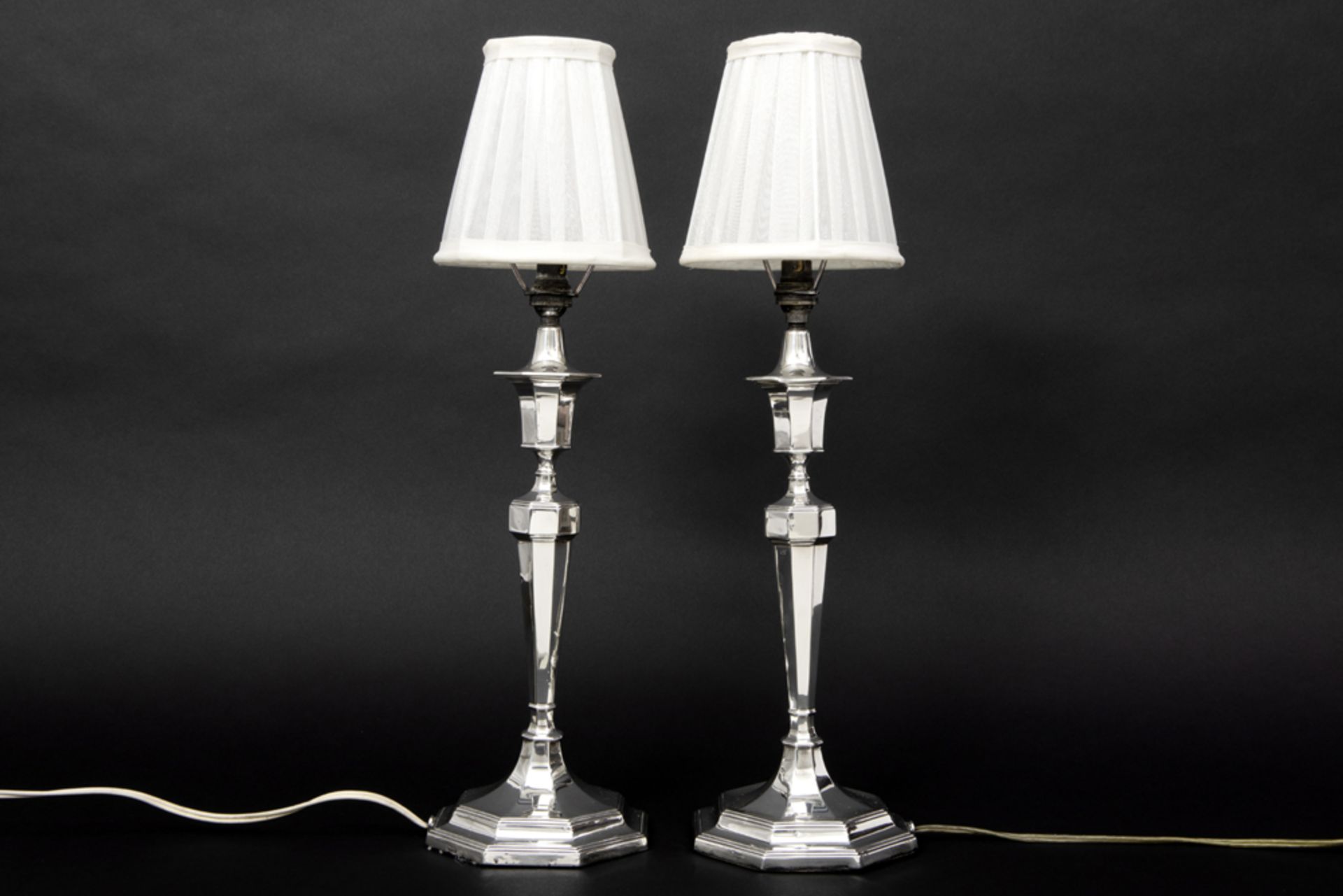 pair of English Art Deco candlesticks in Brook & Son signed and marked silver, made into lamps ||