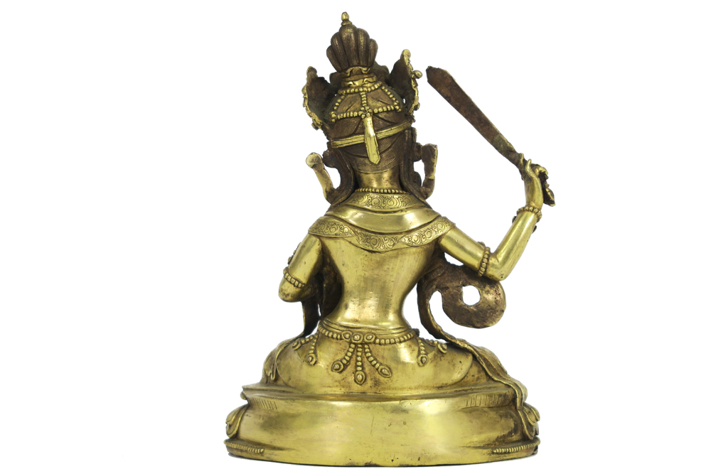 antique Bhutanese sculpture (with typical Bhutanese large head) in guilded bronze inlaid with - Image 3 of 5
