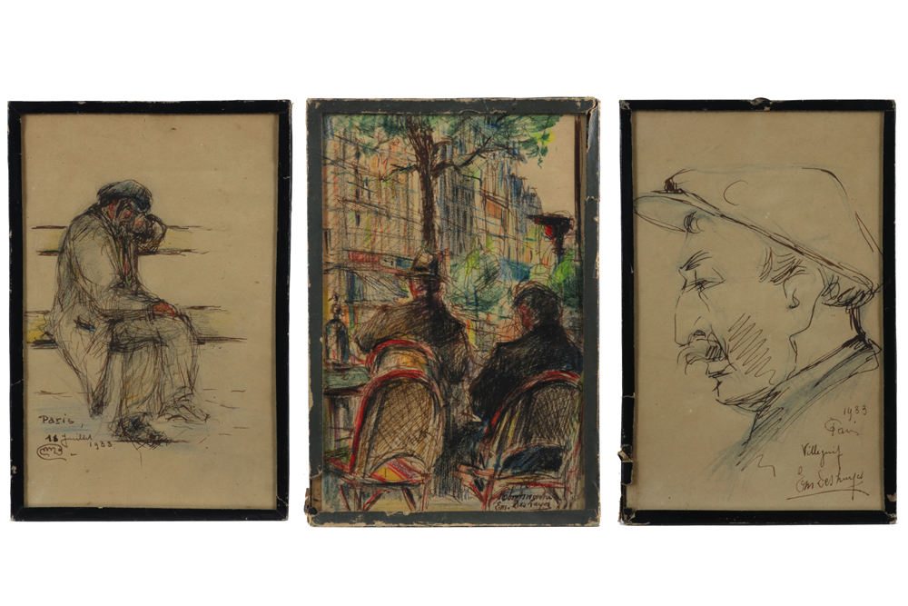 three French illegibly signed works in mixed media - dated 'Paris 1933' || Drie onleesbaar