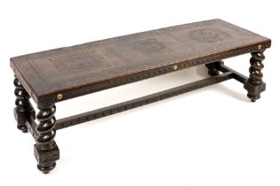 vintage fruitwood fancy table with a rectangular top covered with embossed leather || Vintage