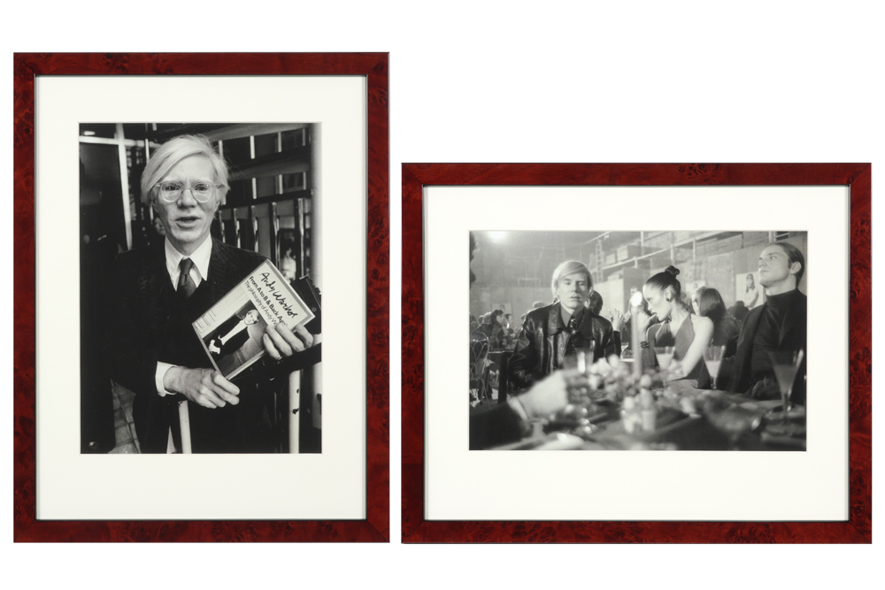 two photoprints in black and white of Andy Warhol || Twee fotoprints in zwart-wit met archiefbeelden