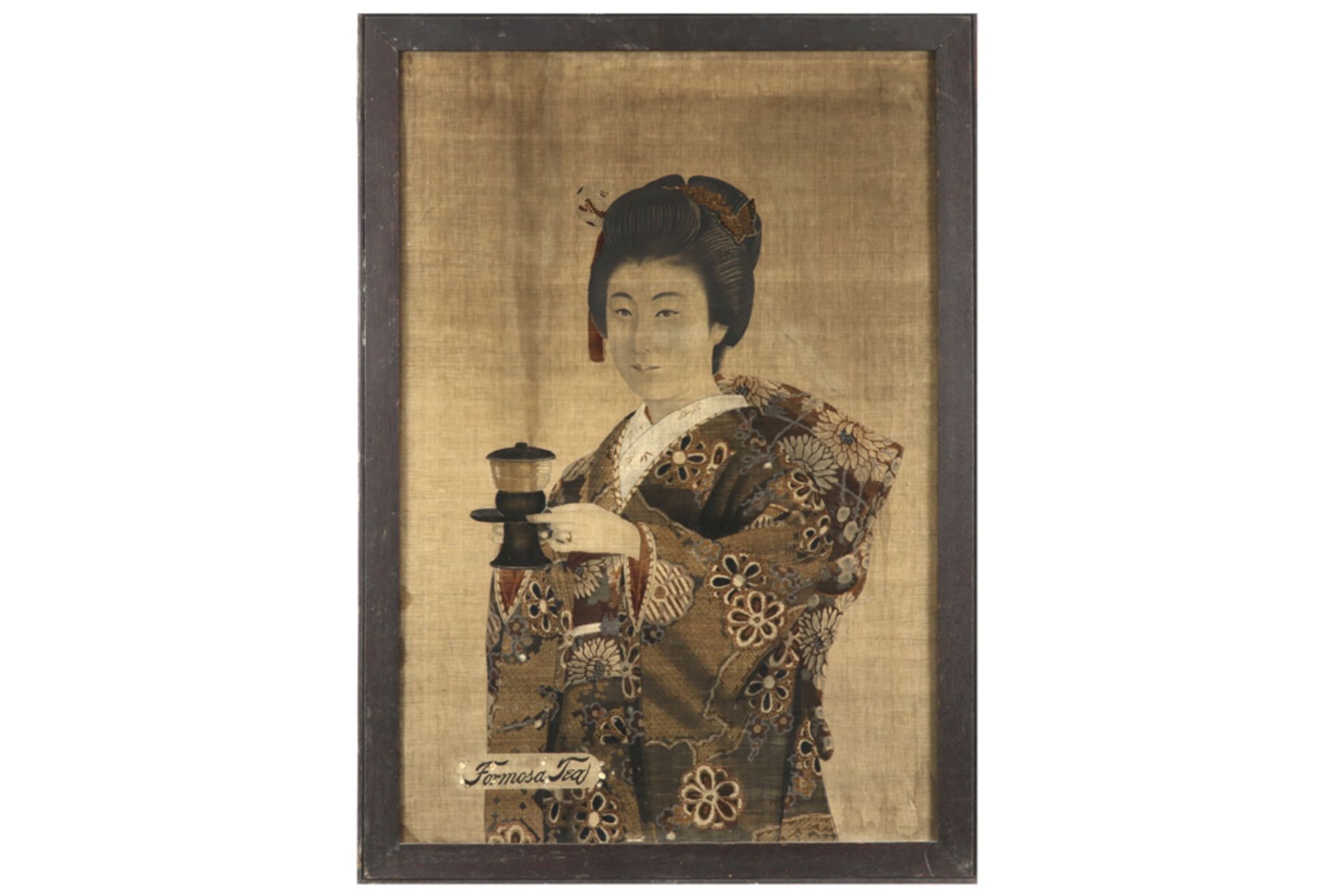 framed old presumably Japanese textile publicity panel for "Formosa Tea" || Oud allicht Japans - Bild 3 aus 3