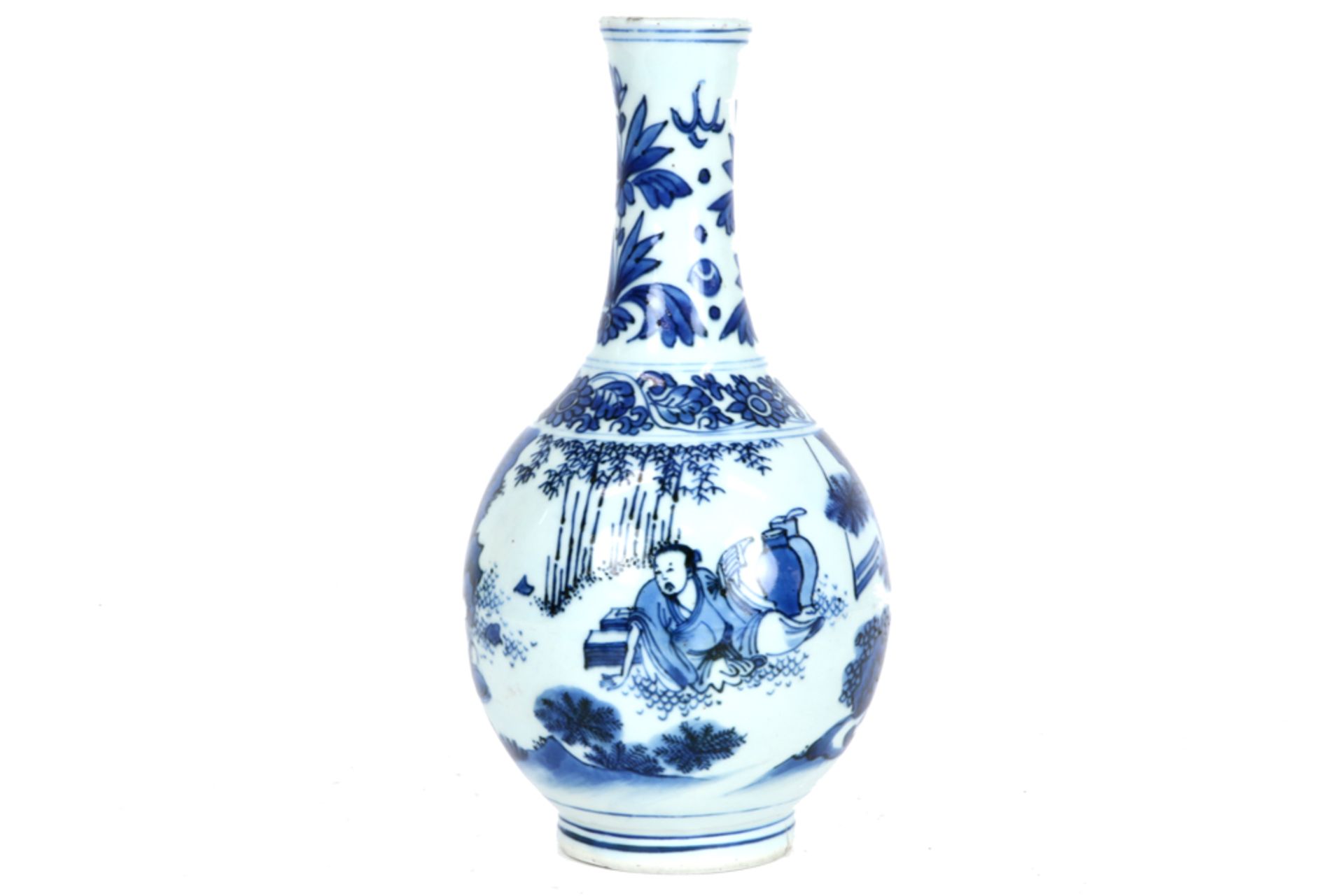 antique Chinese, presumably Kang Xi period vase in porcelain with a blue-white animated landscape