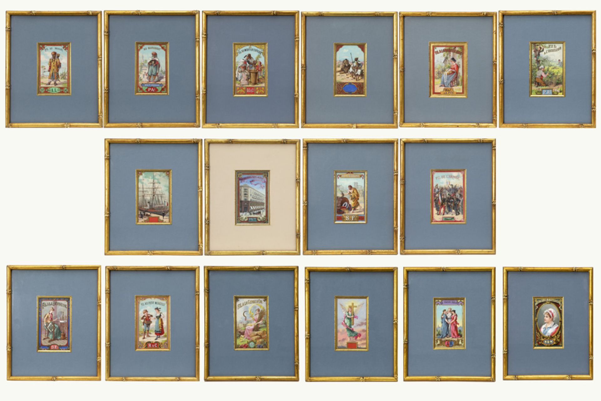 series of sixteen 19th Cent. publicity miniatures with gouache || Reeks van 16 originele negentiende